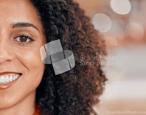 Image of Business woman, smile and portrait closeup with confidence, work pride and happy. Worker, professional and female employee from Brazil at company with face and ready for creative job with bokeh