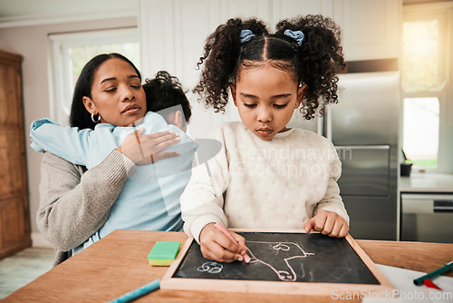 Image of Child homework, family support and mom care with chalkboard, writing and school learning at home. Mother, young girl and knowledge development with kid in a house with education for homeschool