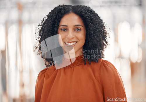 Image of Business woman, smile and portrait with entrepreneur confidence, work pride and happy. Worker, professional and female employee from Brazil at company with face and ready for creative job with bokeh