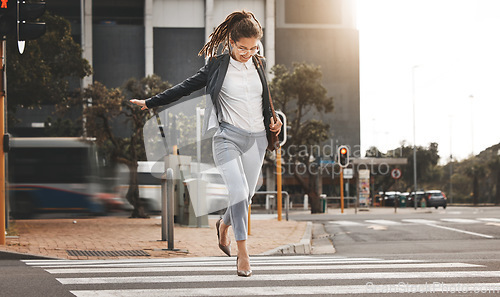 Image of City, walking and business woman on a crosswalk with travel, commute and urban journey. Running, outdoor and female professional in morning traveling for work, career and job in New York on street