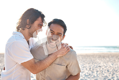 Image of Love, smile and gay men on beach, hug and laugh on summer vacation together in Thailand. Sunshine, ocean and mockup, happy lgbt couple embrace in nature for on fun holiday with pride, sea and sand.