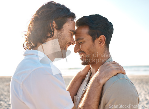 Image of Love, hug and gay men on beach, romance and smile on summer vacation together in Thailand. Sun, ocean and island, happy lgbt couple embrace in nature on fun tropical holiday with pride, sea and sand.