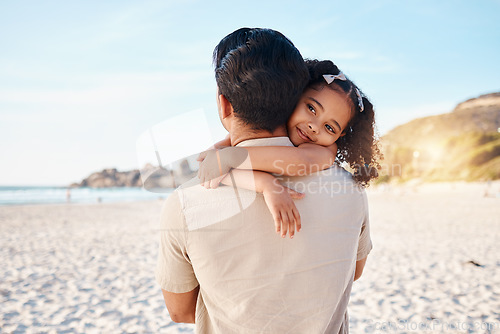 Image of Portrait of child, hug or father by ocean in Rio de Janeiro, Brazil with support, care or love in summer. Back, parent or dad with kid at sea to enjoy family bonding together in nature by beach sand