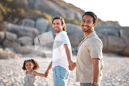 Image of Gay couple, portrait and holding hands with family at beach for seaside holiday, support and travel. Summer, vacation and love with men and child in nature for lgbtq, happiness and bonding together