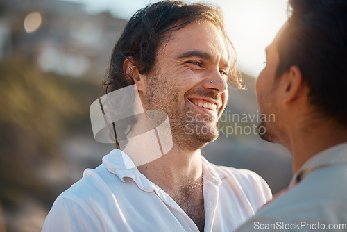 Image of Love, smile and gay couple, men hug and laugh on romantic summer vacation together in Thailand. Sun, care and island, happy interracial lgbt people embrace in nature on fun outdoor holiday with pride