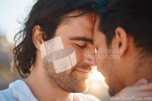 Image of Love, embrace and gay couple, men at sunset with hug and smile on summer vacation together in Thailand. Sunshine, nature and romance, happy lgbt people on fun holiday with pride, relax and freedom.