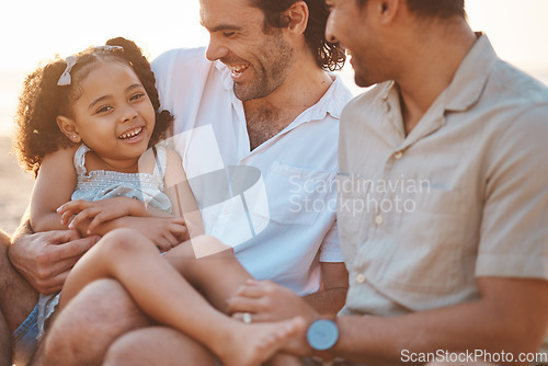 Image of Gay couple, happy and relax with family at beach for seaside holiday, support and travel. Summer, vacation and love with men and child laughing in nature for lgbtq, happiness and bonding together