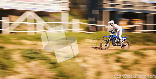 Image of Race, motorcycle and extreme sports, man with speed for practice, training and action adventure. Fast professional dirt road biking, motion and biker in motorbike competition, performance and stunt.