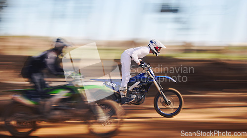 Image of Race, motorcycle and sports, men in speed for practice, training and fast action adventure. Professional dirt road biking, motion and biker in motorbike competition, performance and outdoor challenge