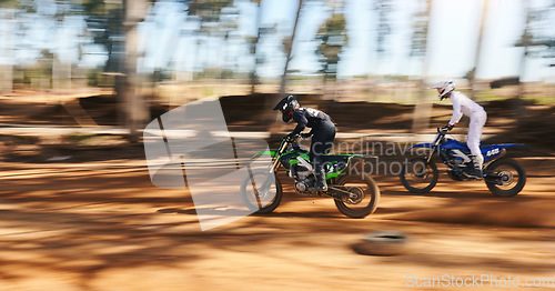 Image of Race, motorcycle and extreme sports, fast men with speed for practice and training for action adventure. Professional dirt biking, motion and off road motorbike competition, performance and challenge