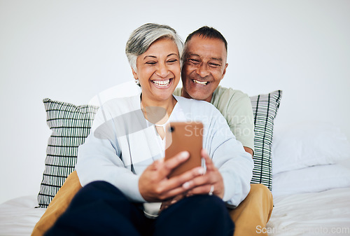 Image of Mature, couple and selfie in bed at home with smile, retirement love and happy marriage. House, mobile and social media for profile picture in bedroom relax and online together and photo on web