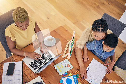 Image of Child, homework and math with mom help in home with counting and working lgbt parents. Young boy, student and remote work above for education and learning at house with study and development growth