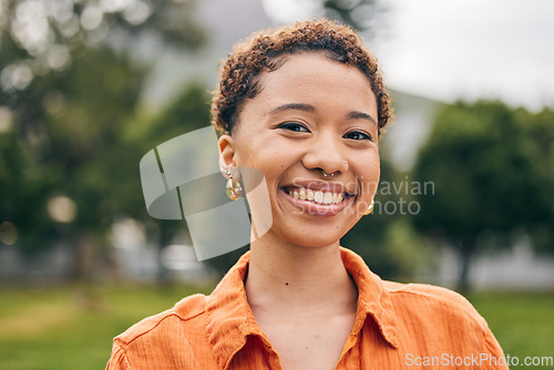 Image of Happy, relax and portrait of woman in park with smile for relaxing, holiday and weekend outdoors. Freedom, happiness and face of female person in nature for fresh air, positive mindset and break