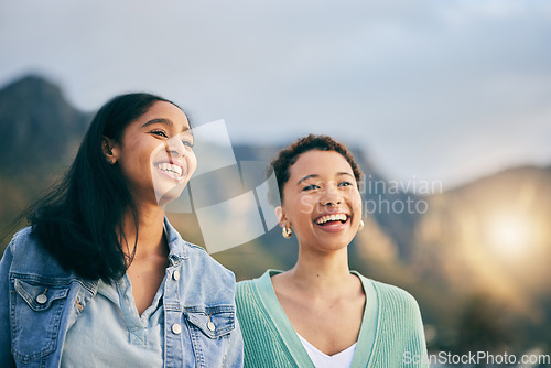 Image of Love, lesbian or happy gay couple laughing with care or pride in LGBTQ community with smile or support. Friends, women or funny people in nature on a romantic date or commitment on holiday vacation