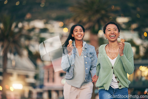 Image of Ice cream, lesbian or happy gay couple with love, care or pride in city outdoors with smile or support. LGBTQ, women or people in nature for freedom, romantic date or commitment on holiday vacation