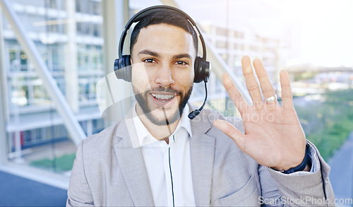 Image of Thinking face, man and call center for video in customer service, support or conversation in office. Portrait, listen and business person telemarketing, communication or idea for crm with headphones