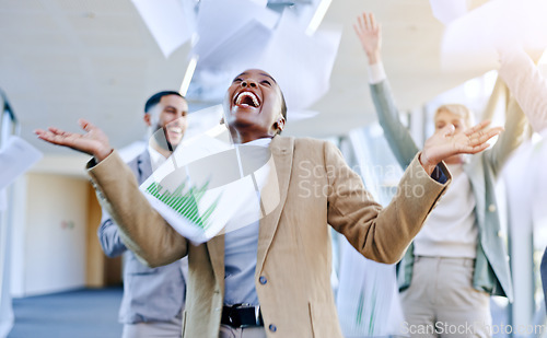 Image of Documents in air, celebration and business people dance in office for achievement, winner and goals. Teamwork, collaboration and excited men and women dancing, throw paperwork and winning for success