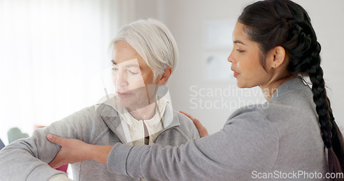 Image of Consultation, physical therapy and senior woman with a nurse in a medical clinic or rehabilitation center. Healthcare, wellness and elderly female patient talking to a physiotherapist at a checkup.