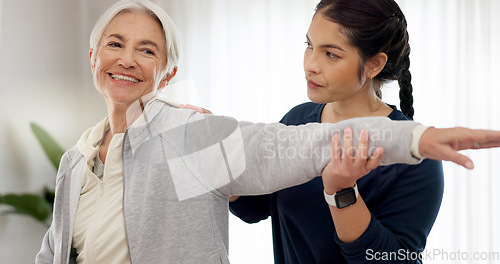 Image of Physiotherapy, arm stretching and senior woman assessment, test or body exam for chiropractic rehabilitation. Physical therapy, chiropractor injury healing or physiotherapist helping elderly patient