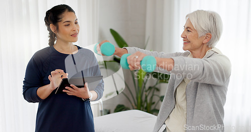 Image of Physiotherapy tablet, senior happy woman and dumbbell workout, good healthcare results or rehabilitation assessment test. Physical therapy, support or physiotherapist monitor arm exercise of client