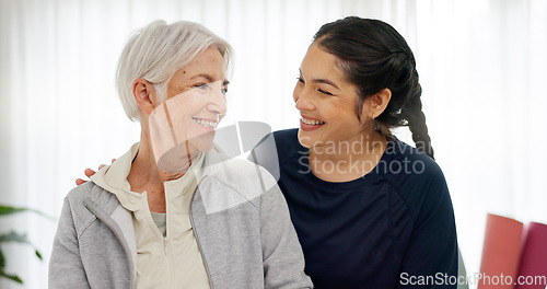 Image of Happy, portrait of mom and grandmother in home with a smile for family, quality time or relax on mothers day in house. Senior woman, grandma and girl together with happiness, support and love