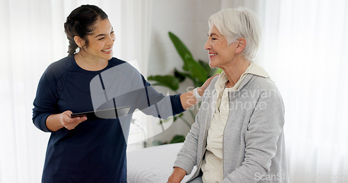 Image of Consultation, physical therapy and senior woman with a nurse in a medical clinic or rehabilitation center. Healthcare, wellness and elderly female patient talking to a physiotherapist at a checkup.