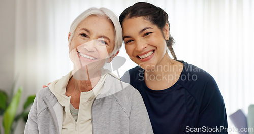 Image of Happy, portrait of mom and grandmother in home with a smile for family, quality time or relax on mothers day in house. Senior woman, grandma and girl together with happiness, support and love