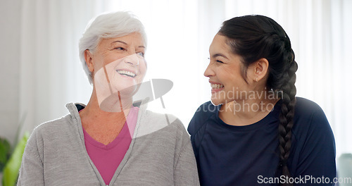 Image of Happy, portrait of grandmother and mom in home with a smile for family, quality time or relax on mothers day in house. Senior woman, grandma and girl together with happiness, support and love