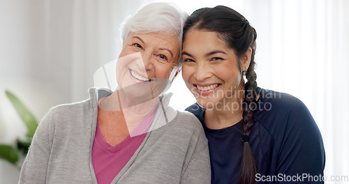 Image of Happy, portrait of mom and grandmother in home with a smile for family, quality time or relax on mothers day in house. Senior woman, grandma and girl talking together with happiness and love