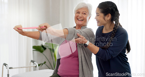 Image of Physiotherapy, arm stretching band or old woman assessment, exercise or workout for chiropractic rehabilitation. Physical therapy consultation, support or physiotherapist helping senior happy patient