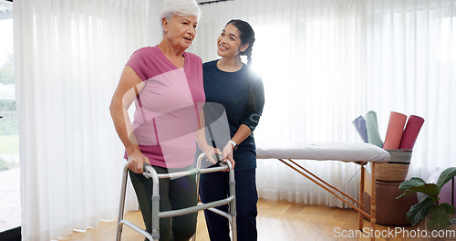 Image of Physiotherapy, senior woman and walking frame support, Physical therapy consultation and muscle health. Elderly person or patient with disability and nurse, chiropractor or doctor helping in studio