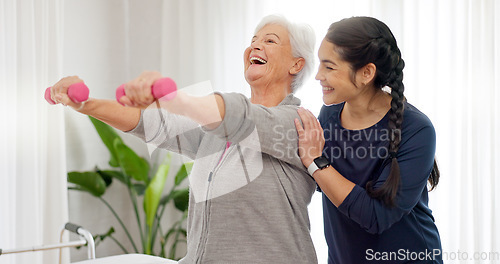 Image of Senior happy woman, dumbbell or physiotherapist consultation, service and retirement support on recovery rehabilitation. Physiotherapy healing, arm exercise or person helping old patient with workout