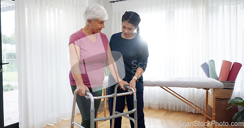 Image of Physiotherapy, senior woman and walking frame support, Physical therapy consultation and muscle health. Elderly person or patient with disability and nurse, chiropractor or doctor helping in studio