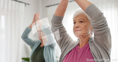 Image of Senior women, yoga and class with friends and retirement home caregiver with a smile. Fitness, elderly group and workout for wellness and health with nurse in a living room with exercise to relax