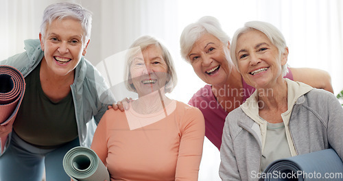 Image of Yoga, class and face of senior happy people for retirement exercise, club membership and community wellness. Pilates friends, group portrait and elderly women at training, fitness and workout studio