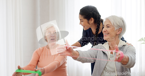 Image of Band, yoga class and senior happy people stretching, listening and exercise arm for activity, retirement or club. Resistance fabric, pilates and elderly women training, fitness and workout in studio