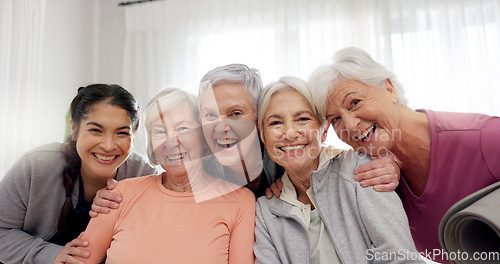 Image of Yoga class teacher, face and senior happy people for retirement exercise, club membership and team support. Pilates instructor, friends or elderly women smile for training, fitness or active workout
