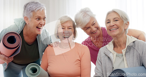 Image of Yoga, class and face of senior happy people for retirement exercise, club membership and community wellness. Pilates friends, group portrait and elderly women at training, fitness and workout studio