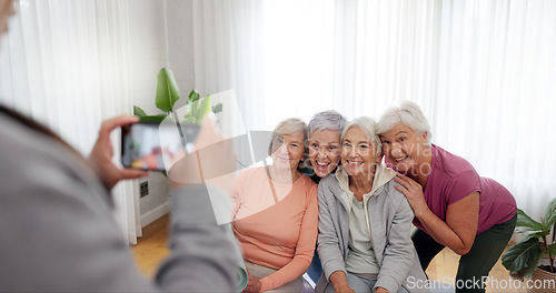 Image of Senior fitness, women and person with a photo for a yoga, exercise or workout memory together. Smile, group and coach taking picture of elderly friends at a training studio for a class in retirement