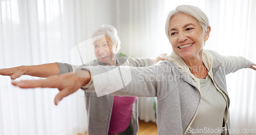 Image of Exercise, yoga and senior woman friends in a home studio to workout for health, wellness or balance. Fitness, zen and chakra with elderly people training for mindfulness together while breathing