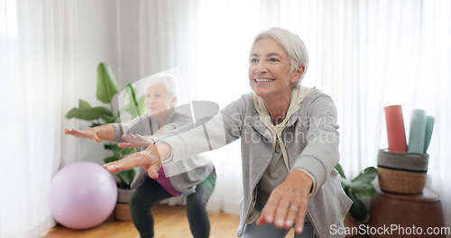 Image of Fitness, yoga and senior woman friends in a home studio to workout for health, wellness or balance. Exercise, zen and chakra with elderly people training for mindfulness together while breathing