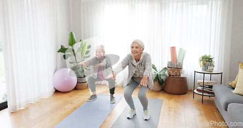 Image of Fitness, yoga and elderly woman friends in a home studio to workout for health, wellness or balance. Exercise, zen and chakra with senior people training for mindfulness together while breathing