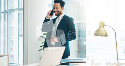 Image of Business, asian man and phone call communication in office for feedback, negotiation and trading on mobile. Broker, corporate agent and talking on smartphone for contact, consulting and conversation