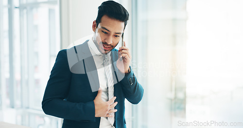 Image of Phone call, talking and business man in office for planning, discussion and communication. Corporate worker, technology and happy male person speaking on laptop for contact, network and conversation