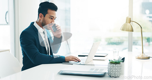 Image of Phone call, laptop and business man in office for planning, discussion and communication. Corporate worker, technology and male person speaking on computer for contact, network and conversation