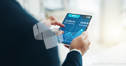 Image of Hands, tablet and stock market trader for cryptocurrency price, graphs and data on fintech software. Closeup of business man, digital screen and financial trading, investment or infographic of stocks