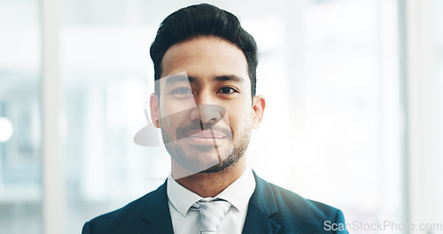 Image of Happy, professional and face of business man in office for lawyer, corporate and advocate. Pride, smile and attorney with portrait of employee laughing for legal career, happiness and comic