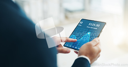 Image of Hands, tablet and stock market trader for cryptocurrency price, graphs and data on fintech software. Closeup of business man, digital screen and financial trading, investment or infographic of stocks