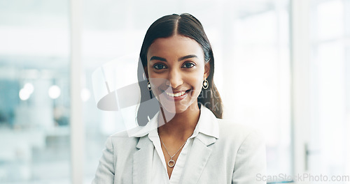 Image of Smile, professional and face of business woman in office for lawyer, corporate and advocate. Pride, happy and attorney with portrait of employee laughing for legal career, happiness and comic