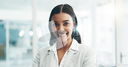 Image of Smile, professional and face of business woman in office for lawyer, corporate and advocate. Pride, happy and attorney with portrait of employee laughing for legal career, happiness and comic